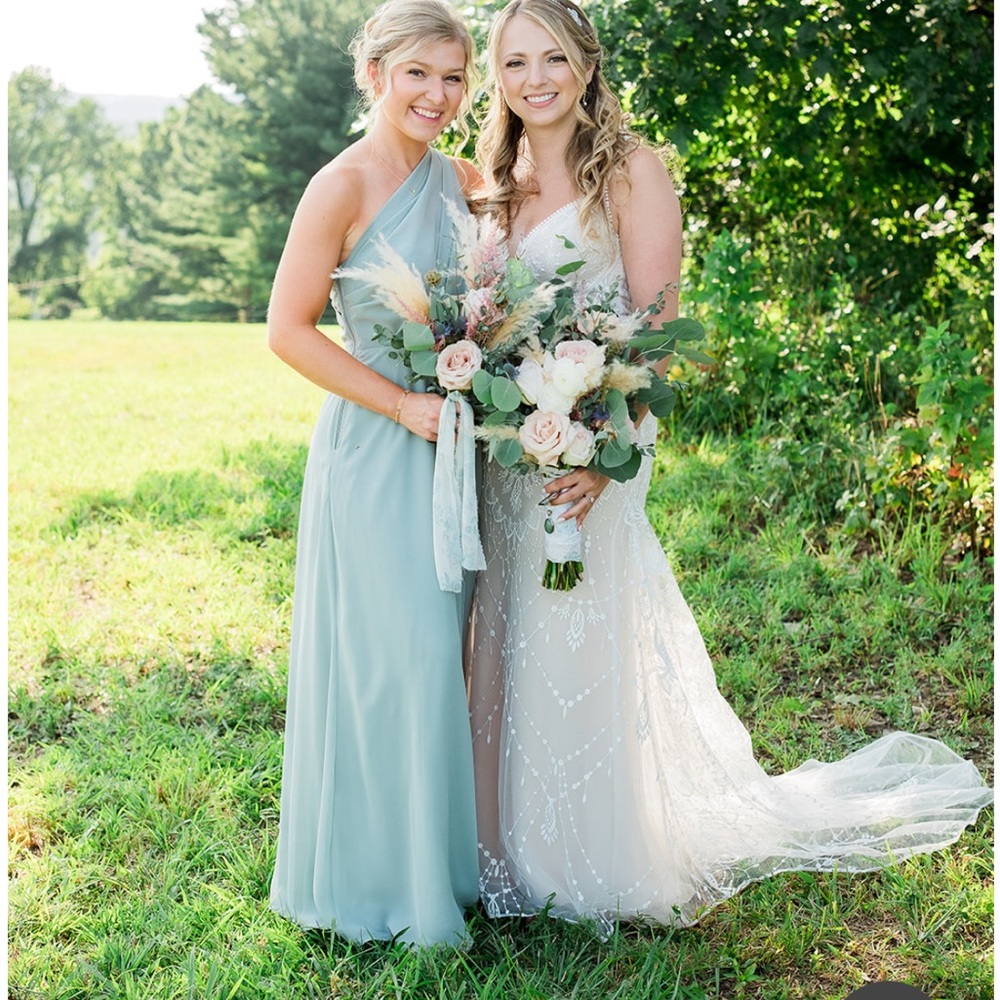Sage green one shoulder long formal dress with slit